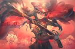  1girl aguy belt black_hair cape copyright_name demon_archer fate/grand_order fate_(series) gradient gradient_background hair_between_eyes hair_over_shoulder hat long_hair looking_at_viewer military military_uniform oda_nobunaga open_mouth peaked_cap red_background red_eyes sidelocks uniform upper_body weapon 