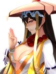  1girl beads breasts brown_hair cleavage fate/grand_order fate_(series) hat highres jewelry large_breasts long_hair looking_at_viewer minami_koyogi prayer_beads red_eyes ring simple_background smile solo white_background xuanzang_(fate/grand_order) 