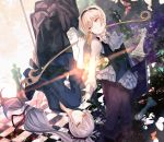  2boys blonde_hair book bow_(weapon) butterfly chess_piece fire_emblem fire_emblem_if flower fuujin_yumi grass grey_hair hairband japanese_clothes leaf leon_(fire_emblem_if) long_hair male_focus multiple_boys open_mouth orange_eyes oze_ranka ponytail red_eyes takumi_(fire_emblem_if) weapon yumi_(bow) 