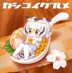  1girl :o blush bread brown_eyes chaki_(teasets) cherry_blossoms chibi coat feathers flower food full_body fur_coat head_wings holding holding_food in_food kemono_friends knees_together_feet_apart leaf long_sleeves minigirl multicolored_hair napkin northern_white-faced_owl_(kemono_friends) pantyhose short_hair shrimp sitting solo spoon streaked_hair tail_feathers white_hair white_legwear wooden_table 