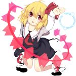  1girl ahoge arm_up bangs black_skirt blonde_hair blush bow collarbone commentary_request danmaku fang full_body hair_between_eyes hair_bow lolimate long_sleeves looking_at_viewer mary_janes necktie open_mouth red_bow red_eyes red_necktie red_shoes rumia shoes short_hair simple_background skirt skirt_hold skirt_set socks solo touhou white_background white_legwear 