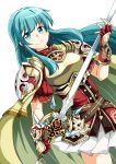  1girl aqua_eyes aqua_hair armor breastplate cape cowboy_shot dutch_angle earrings eirika fingerless_gloves fire_emblem fire_emblem:_seima_no_kouseki gloves highres jewelry long_hair looking_at_viewer shangorilla simple_background skirt smile solo sword weapon white_background 