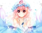  1girl adapted_costume bangs blue_flower floral_background hair_between_eyes hat mob_cap nagare pink_hair ribbon-trimmed_collar ribbon-trimmed_sleeves ribbon_trim saigyouji_yuyuko shiny shiny_hair short_hair smile solo touhou triangular_headpiece upper_body veil white_background wide_sleeves 