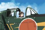  :3 aircraft airplane blue_sky brown_hair close-up cockpit commentary_request fairy_(kantai_collection) goggles goggles_on_head hair_between_eyes hair_ornament kantai_collection kitsuneno_denpachi open_cockpit scarf shinden_(kantai_collection) sidelocks sitting sky smile 