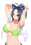  1girl adjusting_hair ahoge animal_ears armpit_peek arms_behind_head aruko_(nac000) bangs bare_shoulders bikini black_hair blue_hair breasts cat_ears commentary_request green_bikini grin highres large_breasts long_hair looking_at_viewer micro_bikini nac000 navel original parted_bangs ponytail red_eyes short_eyebrows sideboob skindentation smile solo swimsuit under_boob 