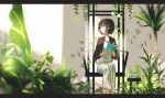  1girl alt_(apou) book bookmark brown_hair capelet chair looking_to_the_side plant short_hair sitting smile solo 