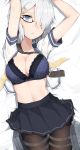  1girl arms_up bespectacled blue_bra blue_eyes blue_skirt bra breasts cole collarbone expressionless glasses hair_ornament hair_over_one_eye hairclip hamakaze_(kantai_collection) kantai_collection looking_at_viewer medium_breasts mirror_image on_bed open_clothes open_shirt pantyhose pleated_skirt shirt short_hair short_sleeves silver_hair skirt solo thigh_strap underwear 