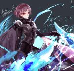  1girl black_background blue_fire bodysuit brown_hair chains copyright_name fire ground_vehicle hairband iriya_(lonesome) joanna_(persona_5) motor_vehicle motorcycle niijima_makoto no_mask on_vehicle persona persona_5 red_eyes scarf serious short_hair shoulder_pads shoulder_spikes solo spikes 