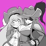  2girls :o :t artist_request asymmetrical_docking bangs blush breast_press breasts cleavage closed_mouth collarbone cowboy_hat crusaders_quest elbow_gloves elbow_pads epaulettes eyebrows_visible_through_hair eyepatch gloves greyscale hand_on_another&#039;s_shoulder hand_on_hip hat hat_ornament large_breasts long_hair long_sleeves looking_at_viewer mole mole_under_eye monochrome multiple_girls one_eye_covered open_mouth pink_background pirate simple_background small_breasts sweat tareme tsurime unaligned_breasts upper_body western 