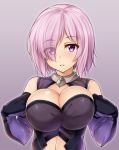 1girl armor armored_dress bare_shoulders breasts clothes_pull detached_sleeves elbow_gloves eyes_visible_through_hair fate/grand_order fate_(series) gloves hair_over_one_eye highres huge_breasts kuragari looking_at_viewer navel parted_lips purple_gloves purple_hair shielder_(fate/grand_order) short_hair violet_eyes