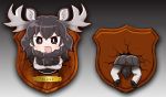  1girl antlers ass black_eyes black_hair blush chaki_(teasets) crack crossed_arms eyebrows_visible_through_hair fur_collar kemono_friends long_hair looking_at_viewer moose_(kemono_friends) moose_ears moose_tail name_tag open_mouth pleated_skirt skirt smile solo 