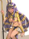  1girl animal_ears arm_support blonde_hair bracelet breasts chibirisu cleavage dark_skin earrings egyptian egyptian_clothes facial_mark fate/grand_order fate_(series) hair_tubes hairband highres holding holding_staff hoop_earrings jewelry knees_touching legband loincloth long_hair medium_breasts midriff multicolored_hair navel nitocris_(fate/grand_order) open_mouth purple_hair sitting smile solo staff two-tone_hair vambraces very_long_hair violet_eyes 