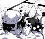  1girl bangs capelet closed_eyes closed_mouth commentary_request doremy_sweet drooling full_body greyscale hair_between_eyes hat lolimate lying monochrome motion_lines no_shoes on_back pom_pom_(clothes) saliva sleeping socks solo tail tapir_tail touhou zzz 