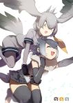  2girls bird_tail bodystocking carrying fingerless_gloves flying fur_collar gloves gradient_hair grey_hair head_wings highres japari_symbol kemono_friends multicolored_hair multiple_girls no-kan open_mouth otter_ears pantyhose shirt shoebill_(kemono_friends) short_hair short_sleeves shorts small-clawed_otter_(kemono_friends) thigh-highs two-tone_hair 