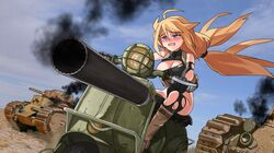  1girl absurdres blonde_hair blue_eyes bomber_jacket caterpillar_tracks drone gloves ground_vehicle highres jacket leotard long_hair military military_vehicle moped motor_vehicle nanaya777 original scooter tank torn_clothes torn_leotard turret vehicle vespa 