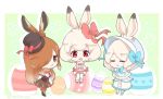  3girls :3 =_= adapted_costume animal_ears arctic_hare_(kemono_friends) arms_at_sides bangs black_boots black_footwear black_hat blonde_hair blue_boots blue_ribbon blush bonnet boots border bow bowtie brown_eyes brown_gloves brown_hair brown_legwear bunny_tail buttons capelet chibi closed_eyes collar cross-laced_clothes cross-laced_footwear dress easter easter_egg egg european_hare_(kemono_friends) eyebrow_twitching eyebrows eyebrows_visible_through_hair facing_away floral_background frilled_shirt frills full_body fur-trimmed_boots fur-trimmed_capelet fur-trimmed_shorts fur-trimmed_sleeves fur_collar fur_trim gloves gradient_hair green_background hair_ornament hair_over_one_eye hair_ribbon hat hat_ribbon heart heart_print horizontal_stripes jitome juliet_sleeves kemono_friends knee_boots long_hair long_sleeves looking_at_viewer mini_hat mini_top_hat mountain_hare_(kemono_friends) multicolored_hair multiple_girls neck_ribbon open_mouth pantyhose pantyhose_under_shorts pink_boots pink_bow pink_bowtie puffy_shorts puffy_sleeves rabbit_ears red_ribbon ribbon ringlets shiny shiny_skin shirt short_hair shorts sitting smile smug standing striped swept_bangs tail tareme tatu_nw thigh-highs top_hat twitter_username two-tone_hair white_border white_hair white_legwear white_shirt white_shorts 
