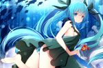  1girl absurdres aqua_eyes aqua_hair ass backless_outfit barefoot breasts detached_sleeves floating from_behind hatsune_miku highres jyt long_hair looking_at_viewer panties parted_lips sideboob striped striped_panties thighs twintails underwater underwear very_long_hair vocaloid 