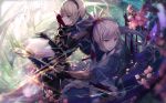  2boys armor arrow blonde_hair book bow_(weapon) capelet cherry_blossoms fire_emblem fire_emblem_if fur_trim fuujin_yumi gloves grey_hair hairband leon_(fire_emblem_if) long_hair male_focus multiple_boys open_mouth orange_eyes oze_ranka ponytail red_eyes weapon 