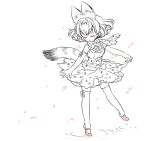  1girl animal_ears ballerina ballet bare_shoulders blush bow bowtie buttons closed_eyes cross-laced_clothes dancing elbow_gloves embellished_costume eyebrows_visible_through_hair eyelashes facing_away frills full_body gloves holding_skirt kemono_friends no_nose one_leg_raised outdoors outstretched_arm petals puddle serval_(kemono_friends) serval_ears serval_print serval_tail short_hair simple_background skirt sleeveless smile solo spot_color standing standing_on_one_leg striped_tail sumachii tail thigh-highs underbust water white_background white_skin wind zettai_ryouiki 