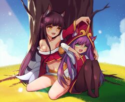  2girls ahri animal_ears black_legwear blush brown_hair cat_ears eyebrows_visible_through_hair fangs fox_ears fox_tail green_eyes highres league_of_legends lee_seok_ho long_hair looking_at_another lulu_(league_of_legends) multiple_girls navel open_mouth pantyhose purple_hair sitting smile tail teeth thigh-highs tree tree_shade yellow_eyes 