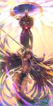  1girl :d absurdly_long_hair absurdres anklet anubis armlet armor arms_up backlighting bangle bangs between_breasts bracelet breasts collarbone crossed_arms dark_skin earrings egyptian egyptian_clothes eyebrows_visible_through_hair facepaint facial_mark fate/grand_order fate_(series) foreshortening from_below glint glowing hair_between_breasts hair_between_eyes hair_rings hairband highres holding holding_staff hoop_earrings jewelry knees_together_feet_apart loincloth long_hair looking_at_viewer looking_down low-tied_long_hair medium_breasts multicolored multicolored_hair navel nitocris_(fate/grand_order) open_mouth pelvic_curtain petals purple_hair revealing_clothes see-through shin_guards showgirl_skirt smile staff stomach teeth thigh_strap thighlet tsurime twitter_username two-tone_hair two-tone_hairband under_boob very_long_hair violet_eyes yasui_(neu032) yellow_eyes 