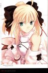  1girl absurdres bare_shoulders blonde_hair bow breastplate fate/unlimited_codes fate_(series) green_eyes hair_bow highres official_art saber saber_lily scan smile solo 