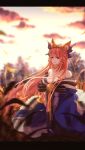  1girl animal_ears blue_legwear bow breasts cleavage detached_sleeves fate/extra fate_(series) fox_ears fox_tail hair_bow hair_ribbon highres j_lantern japanese_clothes large_breasts lips long_hair looking_at_viewer pink_hair ribbon solo tail tamamo_(fate)_(all) tamamo_no_mae_(fate) yellow_eyes 