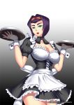  1girl alternate_costume apron black_background black_dress black_ribbon breasts cleavage cowboy_bebop cowboy_shot dress enmaided faye_valentine frilled_apron frilled_dress frills gradient gradient_background green_eyes grey_background hairband hands_up haryudanto large_breasts lipstick looking_at_viewer maid maid_apron makeup open_mouth patreon_username puffy_short_sleeves puffy_sleeves red_lipstick ribbon short_dress short_hair short_sleeves solo teeth thighs waist_apron watermark web_address white_background wrist_cuffs 