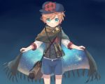  1boy binoculars blue_eyes blush brown_hair bungou_to_arukemisuto cape capelet hat shorts smile solo 