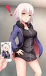  ! 1girl ahoge alternate_costume bangs black_dress blonde_hair breasts cellphone coat dress eyebrows_visible_through_hair fate/grand_order fate_(series) fur_coat highres holding holding_phone indoors jeanne_alter jewelry kurenai_(kurenai_pso) large_breasts looking_at_viewer necklace open_clothes open_coat open_mouth out_of_frame phone platinum_blonde ruler_(fate/apocrypha) short_dress short_hair smartphone solo_focus standing taking_picture yellow_eyes 