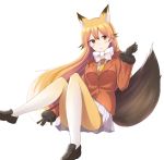  1girl animal_ears bangs black_gloves blazer blonde_hair blush brown_eyes brown_hair eyebrows_visible_through_hair ezo_red_fox_(kemono_friends) fox_ears fox_tail fur-trimmed_sleeves fur_trim gloves gradient_clothes gradient_hair gradient_legwear hair_between_eyes hair_flaps highlights highres jacket kemono_friends long_hair long_sleeves looking_at_viewer multicolored_hair nagiha_kuten pantyhose parted_lips pleated_skirt simple_background sitting skirt solo tail thighs two-tone_hair very_long_hair white_background white_skirt 