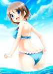  1girl adjusting_clothes adjusting_swimsuit ass bikini blue_bikini blue_eyes butt_crack frilled_bikini frills from_behind grey_hair looking_at_viewer love_live! love_live!_sunshine!! open_mouth short_hair solo swimsuit tekehiro wading watanabe_you 