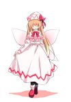  1girl :d ^_^ black_legwear blonde_hair blush bow bowtie capelet closed_eyes curtsey dress facing_viewer fairy_wings hat hat_bow ichimura_kanata lily_white long_dress long_hair long_sleeves mary_janes open_mouth pantyhose red_shoes shoes shy smile socks socks_over_pantyhose solo touhou very_long_hair wings 