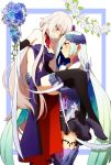  2girls bare_shoulders black_gloves black_legwear black_skirt blonde_hair blue_flower blue_hair blush bouquet breasts carrying cleavage commentary_request dress elbow_gloves fate/apocrypha fate/grand_order fate/prototype fate/prototype:_fragments_of_blue_and_silver fate_(series) flower gauntlets gloves gradient_hair green_hair high_heels jeanne_alter lancer_(fate/prototype_fragments) long_hair looking_at_another multicolored_hair multiple_girls navel_cutout oiun princess_carry ruler_(fate/apocrypha) skirt sleeveless sleeveless_dress thigh-highs very_long_hair violet_eyes white_flower yellow_eyes yuri zettai_ryouiki 