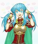  1girl aqua_eyes aqua_hair armor breastplate cape cute earrings eirika fingerless_gloves fire_emblem fire_emblem:_seima_no_kouseki fire_emblem:_the_sacred_stones flower gloves holding holding_hair intelligent_systems jewelry kankisen long_hair looking_at_viewer nintendo open_mouth simple_background smile solo super_smash_bros. traditional_media twintails upper_body white_background 