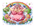  1girl balloon bodskih breasts cake charlotte_linlin cleavage dress fat flower food hat jewelry leaf lipstick long_hair makeup official_art one_piece open_mouth pink_hair pirate_hat rainbow ring solo teenage teeth transparent_background umbrella 