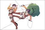  2boys angry ascot boots cape eren_yeager flying_kick foam full_body hisaburo_(pppsubmajin) jacket kicking levi_(shingeki_no_kyojin) multiple_boys shingeki_no_kyojin simple_background thigh_strap three-dimensional_maneuver_gear weapon wire 