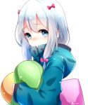  1girl blue_eyes blush bow byoc12 eromanga_sensei hair_bow hood hooded_jacket izumi_sagiri jacket long_hair looking_at_viewer pillow pillow_hug silver_hair solo upper_body white_background 