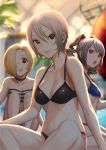  3girls banajune bikini black_bikini black_eyes blonde_hair blue_bikini choker drill_hair hair_over_one_eye idolmaster idolmaster_cinderella_girls kanzaki_ranko long_hair multiple_girls red_eyes shiomi_shuuko shirasaka_koume short_hair silver_hair sitting squatting striped striped_bikini swimsuit twin_drills twintails 