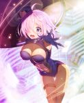  1girl armor armored_dress armpits black_legwear blush breasts cleavage_cutout elbow_gloves fate/grand_order fate_(series) gloves hair_over_one_eye large_breasts leaning_forward looking_at_viewer navel_cutout purple_gloves purple_hair purple_legwear ratio_(ratio-d) reaching_out shield shielder_(fate/grand_order) short_hair thigh-highs thigh_gap thigh_strap thighs violet_eyes 