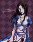  1girl alice:_madness_returns alice_(wonderland) alice_in_wonderland american_mcgee&#039;s_alice apron black_hair blood breasts dress green_eyes jewelry jupiter_symbol knife lipstick long_hair makeup medium_breasts necklace solo 