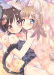  2girls animal_ears black_hair blue_eyes blush brown_hair bunny_tail cat_ears cat_tail chemise cherry_blossoms ech flower hair_flower hair_ornament hand_holding highres interlocked_fingers looking_at_viewer multiple_girls original panties rabbit_ears strap_slip striped striped_panties tail underwear violet_eyes 