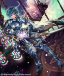  1girl aqua_eyes aqua_hair armor armored_boots boots castle company_name full_body gloves gyakushuu_no_fantasica hair_ornament highres moon night night_sky official_art rinneroll short_hair sky solo star star_(sky) star_hair_ornament sword weapon 