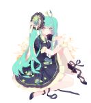  1girl ankle_ribbon black_dress black_ribbon blue_eyes blue_hair dress eyebrows_visible_through_hair full_body gloves green_ribbon hair_ornament hair_ribbon hand_on_own_knee hatsune_miku highres long_hair looking_at_viewer ribbon ronopu simple_background sitting smile solo twintails very_long_hair vocaloid white_background white_gloves white_ribbon 