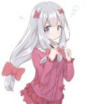  1girl blue_eyes blush bow breasts commentary_request eromanga_sensei hair_bow hair_ribbon highres izumi_sagiri jacket long_hair looking_at_viewer pink_bow ribbon sidelocks silver_hair simple_background sketch small_breasts upper_body white_background 