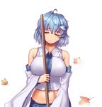  1girl antenna_hair blue_hair breasts closed_eyes commentary cosplay cowboy_shot crop_top detached_sleeves eyebrows_visible_through_hair frog_hair_ornament hair_ornament hater_(hatater) highres kochiya_sanae kochiya_sanae_(cosplay) large_breasts leaf maple_leaf midriff navel nontraditional_miko short_hair simple_background sleeveless snake_hair_ornament solo tatara_kogasa touhou white_background wide_sleeves 