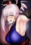  1girl arm_up armpits asymmetrical_hair bare_shoulders blush breasts breath detached_sleeves earrings eyebrows_visible_through_hair fate/grand_order fate_(series) floral_print grey_eyes hair_ornament japanese_clothes jewelry kimono large_breasts lavender_hair long_hair looking_at_viewer miyamoto_musashi_(fate/grand_order) open_mouth sash sideboob solo sweat ulrich_(tagaragakuin) 
