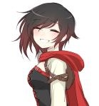  1girl ^_^ black_dress black_hair blush breasts cape closed_eyes corset dress eyebrows_visible_through_hair from_side grin looking_at_viewer medium_breasts ndgd_(bean1215) red_cape ruby_rose rwby short_hair simple_background smile solo teeth upper_body white_background 