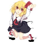  1girl ahoge arm_up bangs black_skirt blonde_hair blush bow collarbone commentary_request fang full_body hair_between_eyes hair_bow lolimate long_sleeves looking_at_viewer mary_janes necktie open_mouth red_bow red_eyes red_necktie red_shoes rumia shoes short_hair simple_background skirt skirt_hold skirt_set socks solo touhou white_background white_legwear 