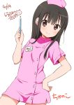  1girl artist_name black_hair blush brown_eyes character_name chijou_noko chikanoko commentary_request copyright_name dated dress hand_on_hip hat long_hair looking_at_viewer name_tag nurse nurse_cap pink_dress ragho_no_erika revision signature smile solo thermometer 